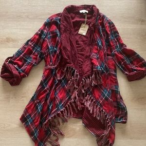NWT Umgee Red Plaid Fringe Wrap Sweater